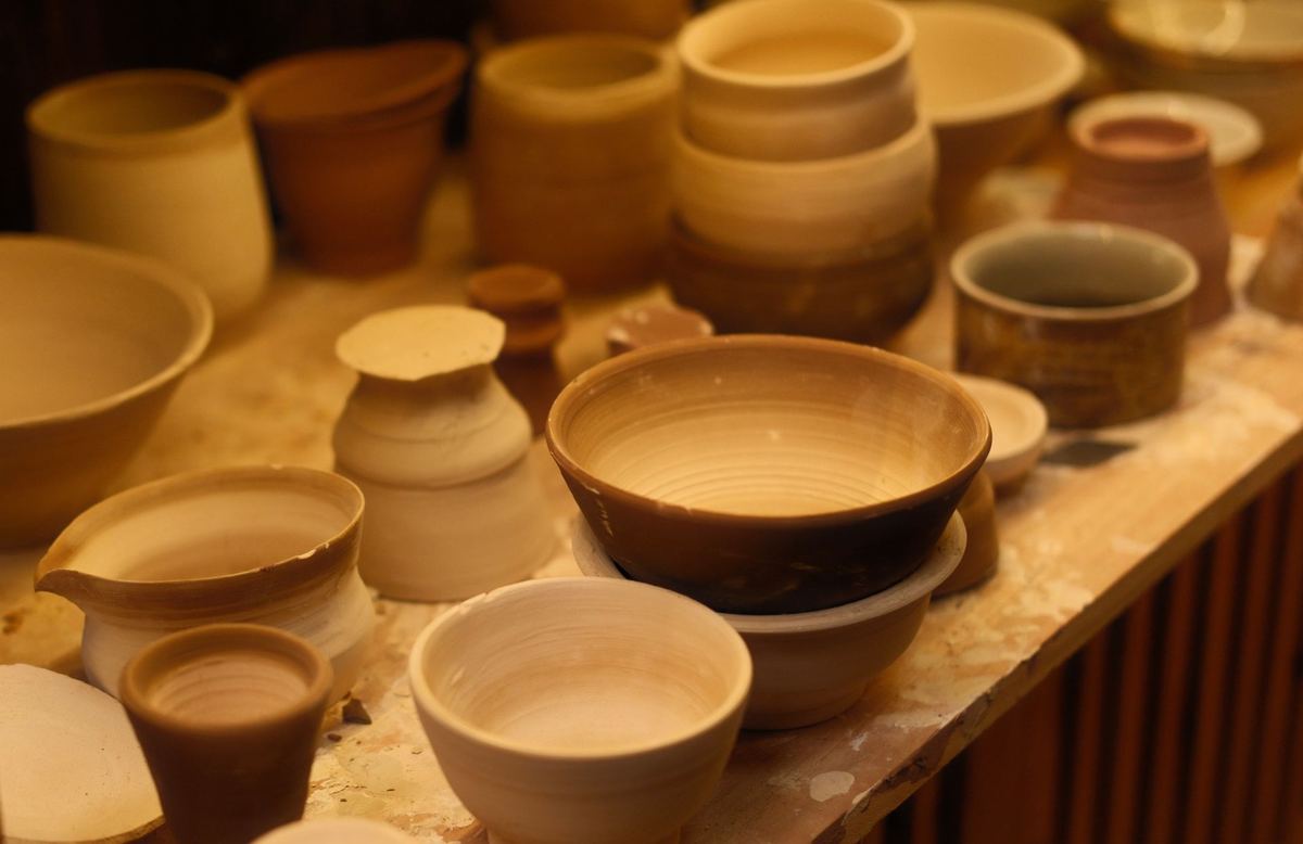 Shelf of finished bowls, cups, and vessels